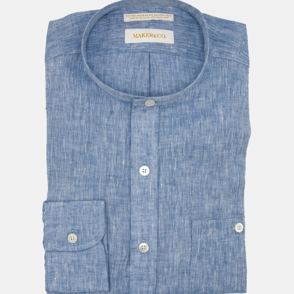 Collarless Blue Linen Shirt